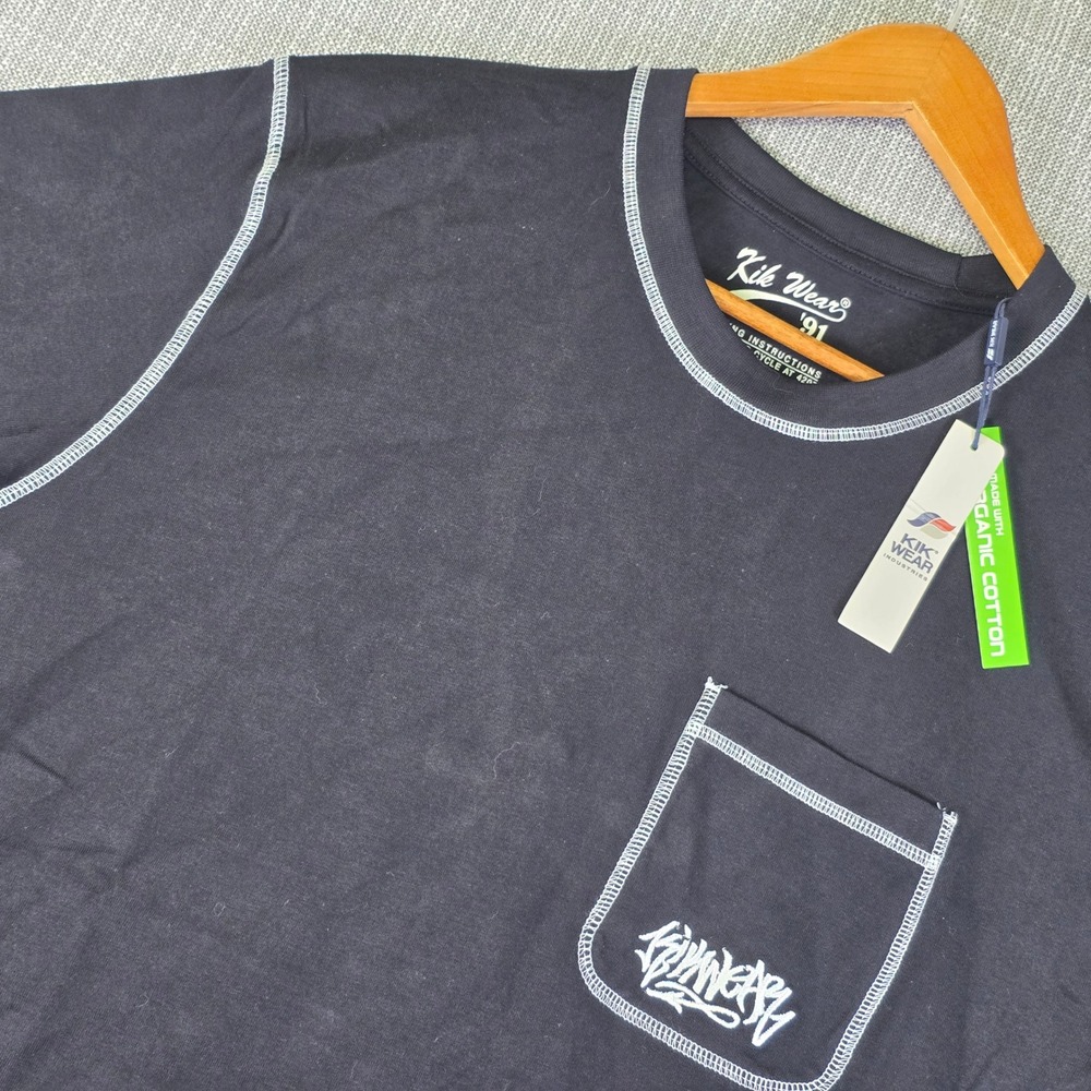 NWT Kikwear T Shirt Mens L Black Contrast Stitch Graffiti Pocket Cyber Rave NEW